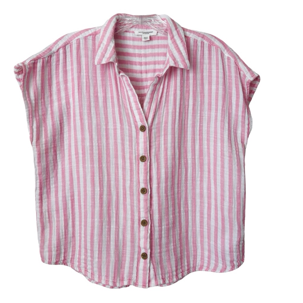 Beach Lunch Lounge Pink Stripe Cotton Button Up Short Sleeve Nautical Top Medium